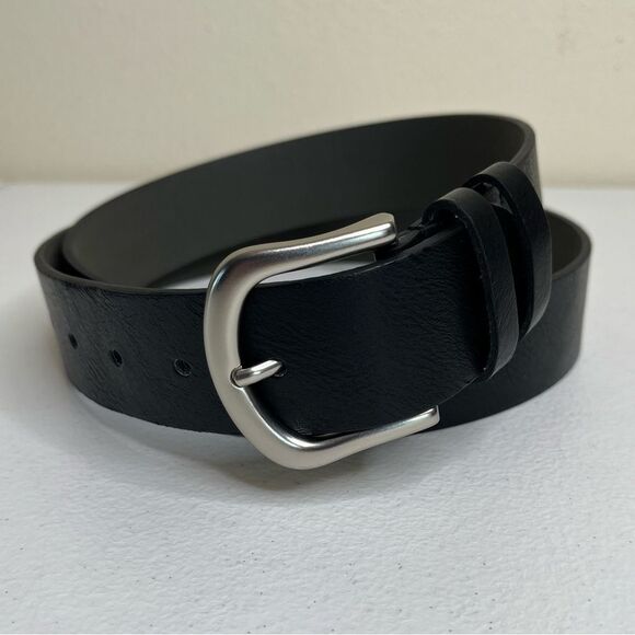 Faux Leather Black Belt Silver Buckle Classic Basic Simple 1.5" Wide Women XL - Picture 9 of 9
